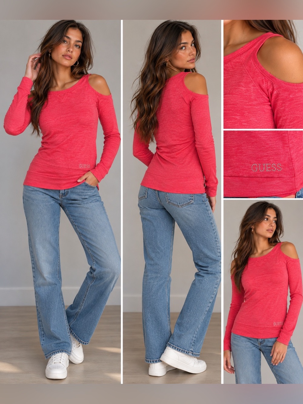 Vintage GUESS Y2K Coral Cold Shoulder Long Sleeve Rhinestone Top XS